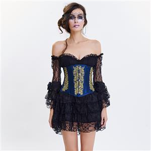 Victorian Corset and Black Dress, Vintage Brocade Corset & Black Lace Dress Set, Vampire Costume, #N12591