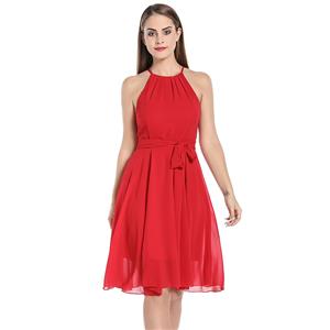 Elegant Ruched Neck Sleeveless Cutaway Shoulders Chiffon Tying Cocktail Party Swing Dress N20061