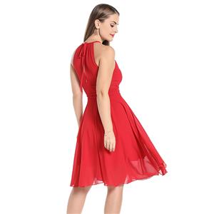 Elegant Ruched Neck Sleeveless Cutaway Shoulders Chiffon Tying Cocktail Party Swing Dress N20061