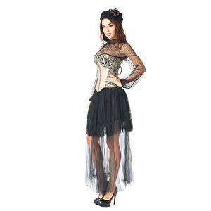 Noble Apricot Strapless Lace Trim Ruffle Corset Black Blouse High-waisted Skirt Set N20244