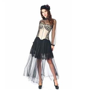 Noble Apricot Strapless Lace Trim Ruffle Corset Black Blouse High-waisted Skirt Set N20244