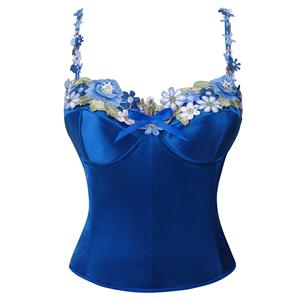 blue satin corset, floral embroidery bustier, adjustable strap lingerie, back seam corset, bridal shapewear, photoshoot costume, figure enhancing corset, special occasion lingerie, stretch satin bodysuit, women's luxury underwear #N237821
