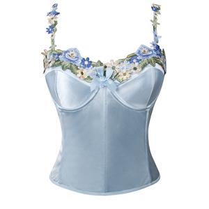blue satin corset, floral embroidery bustier, adjustable strap lingerie, back seam corset, bridal shapewear, photoshoot costume, figure enhancing corset, special occasion lingerie, stretch satin bodysuit, women's luxury underwear #N237822