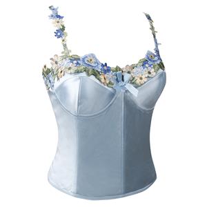 Sapphire Blue Corset - Floral Embroidered Bustier with Adjustable Straps & Back Seam Detailing N237822
