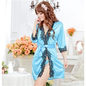 Fashion Blue Satin Half Sleeve Lace Trim Nightgown Sleepwear Robe N17130