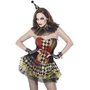 Women's Harlequin Horror Circus Girl Clown Mini Dress Cosplay Halloween Costume N19543