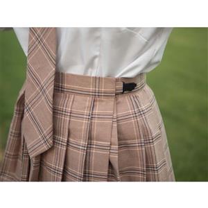 Cute Lapel Tie Short Sleeve Blouse With Plaid Pleated Skirt Set School Girl Cosplay Costume N20556