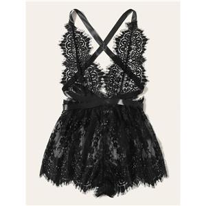 Sexy Black See-through Floral Lace Halter Lingerie Nightdress Babydoll Dress N20749