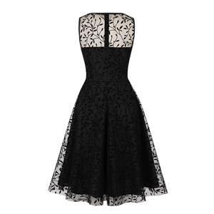 Sexy Black See-through Embroidered Mesh Sleeveless High Waist Cocktail Party Midi Dress N22085