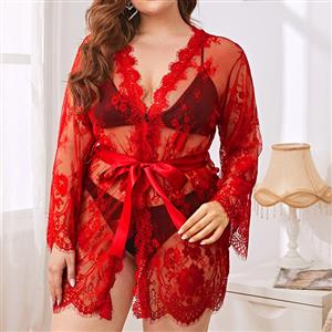 Plus Size Charming See-through Floral Lace Thin Open Robe Nightgown Bathrobe with Sash N22174