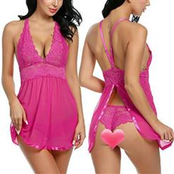 Sexy Floral Lace Deep V Spaghetti Straps See-through Mesh Nightgown Babydoll Chemise N21938