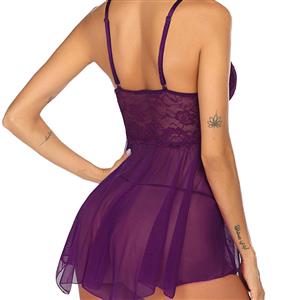 Sexy See-through Lace Mesh Low-bra Spaghetti Straps Soft Nightgown Babydoll Chemise N23389