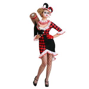 Sexy Black And Red Low-cut Half Sleeve Ruffle Dress Set Adult Clown Halloween Costume N20996