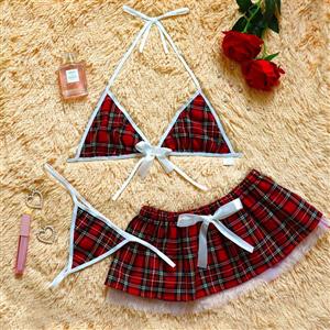 Attractive School Girl Plaid Uniform Lace-up Bra and Plaid Mini Skirt Cosplay Set N23092