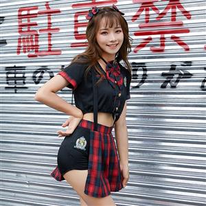 4pcs Naughty School Girl Crop Top Checkered Braces Pleated Skirt Adult Cosplay Costume N19470