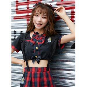 4pcs Naughty School Girl Crop Top Checkered Braces Pleated Skirt Adult Cosplay Costume N19470