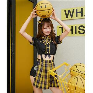 4pcs Naughty School Girl Crop Top Checkered Braces Pleated Skirt Adult Cosplay Costume N19471
