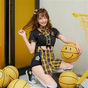 4pcs Naughty School Girl Crop Top Checkered Braces Pleated Skirt Adult Cosplay Costume N19471