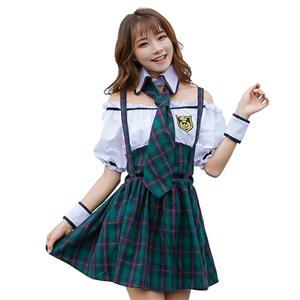 4pcs Pretty School Girl Off-shoulder Fake-two Pieces Checkered Dress Adult Cosplay Costume N19472