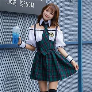 4pcs Pretty School Girl Off-shoulder Fake-two Pieces Checkered Dress Adult Cosplay Costume N19472