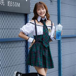 4pcs Pretty School Girl Off-shoulder Fake-two Pieces Checkered Dress Adult Cosplay Costume N19472