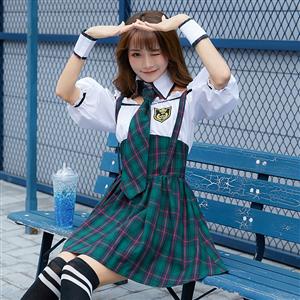 4pcs Pretty School Girl Off-shoulder Fake-two Pieces Checkered Dress Adult Cosplay Costume N19472