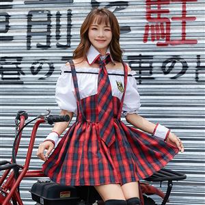 4pcs Pretty School Girl Off-shoulder Fake-two Pieces Checkered Dress Adult Cosplay Costume N19473