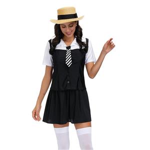 3Pcs Classic School Girl Short Sleeve Fake-two Tie Tops And Skirt Adult Cosplay Costume N20600