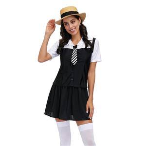 3Pcs Classic School Girl Short Sleeve Fake-two Tie Tops And Skirt Adult Cosplay Costume N20600