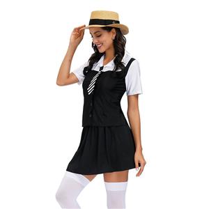 3Pcs Classic School Girl Short Sleeve Fake-two Tie Tops And Skirt Adult Cosplay Costume N20600