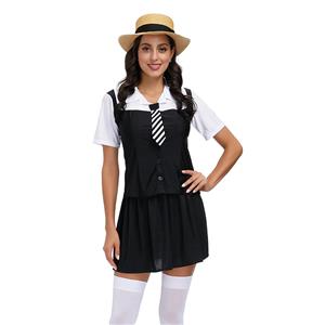 3Pcs Classic School Girl Short Sleeve Fake-two Tie Tops And Skirt Adult Cosplay Costume N20600