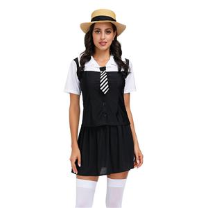 3Pcs Classic School Girl Short Sleeve Fake-two Tie Tops And Skirt Adult Cosplay Costume N20600