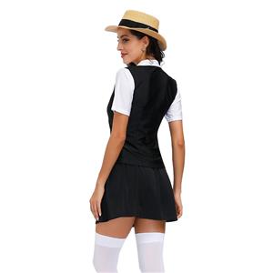 3Pcs Classic School Girl Short Sleeve Fake-two Tie Tops And Skirt Adult Cosplay Costume N20600