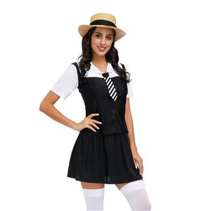 3Pcs Classic School Girl Short Sleeve Fake-two Tie Tops And Skirt Adult Cosplay Costume N20600