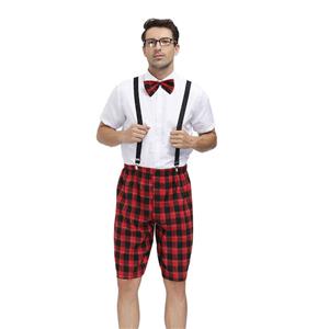 Mens White Short Sleeve Tops Plaid Overalls Sets School Uniform Cosplay Adult Costume N20603