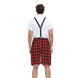 Mens White Short Sleeve Tops Plaid Overalls Sets School Uniform Cosplay Adult Costume N20603