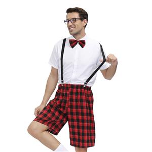 Mens White Short Sleeve Tops Plaid Overalls Sets School Uniform Cosplay Adult Costume N20603