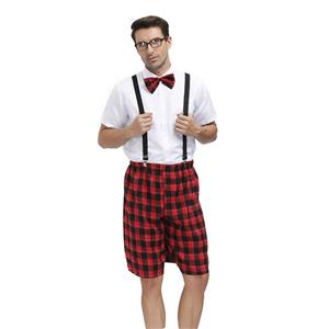 Mens White Short Sleeve Tops Plaid Overalls Sets School Uniform Cosplay Adult Costume N20603