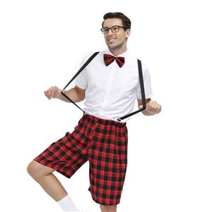 Mens White Short Sleeve Tops Plaid Overalls Sets School Uniform Cosplay Adult Costume N20603