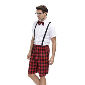 Mens White Short Sleeve Tops Plaid Overalls Sets School Uniform Cosplay Adult Costume N20603