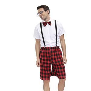 Mens White Short Sleeve Tops Plaid Overalls Sets School Uniform Cosplay Adult Costume N20603