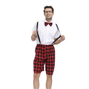 Mens White Short Sleeve Tops Plaid Overalls Sets School Uniform Cosplay Adult Costume N20603