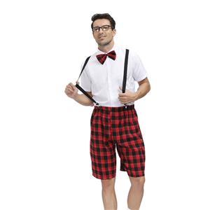 Mens White Short Sleeve Tops Plaid Overalls Sets School Uniform Cosplay Adult Costume N20603