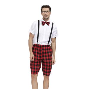 Mens White Short Sleeve Tops Plaid Overalls Sets School Uniform Cosplay Adult Costume N20603