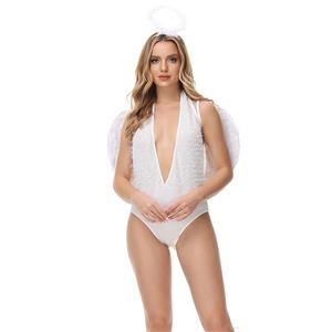 Sexy White Angel with Wings Elastic Bodysuit Adult Greek Goddess Cosplay Party Costume N21637