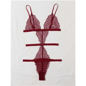 Sexy Red Floral Lace Backless Cut Out Bandage Bikini Set Bodysuit Teddy Lingerie N20806