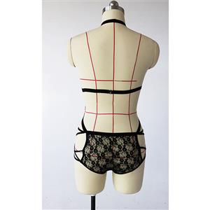 Sexy See-through Black Halter Strappy Bandage Cut-out Bodysuit Teddies Lingerie N19260