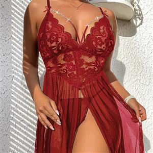 Dark-red Lace and Mesh Spaghetti Straps Babydoll Waist Open Fork Nightwear Chemise N22895