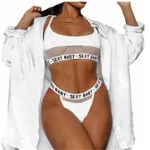 Sexy White Half See-through Stretch Letters Underwear Bikini Beach Swimsuit Set N21271