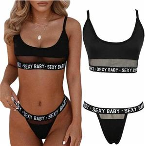 Sexy Black Half See-through Stretch Letters Underwear Bikini Beach Swimsuit Set N21272